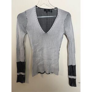 Theory Optic Stripe Prosecco Rib Knit V Neck Long Sleeve Sweater Size Small Body